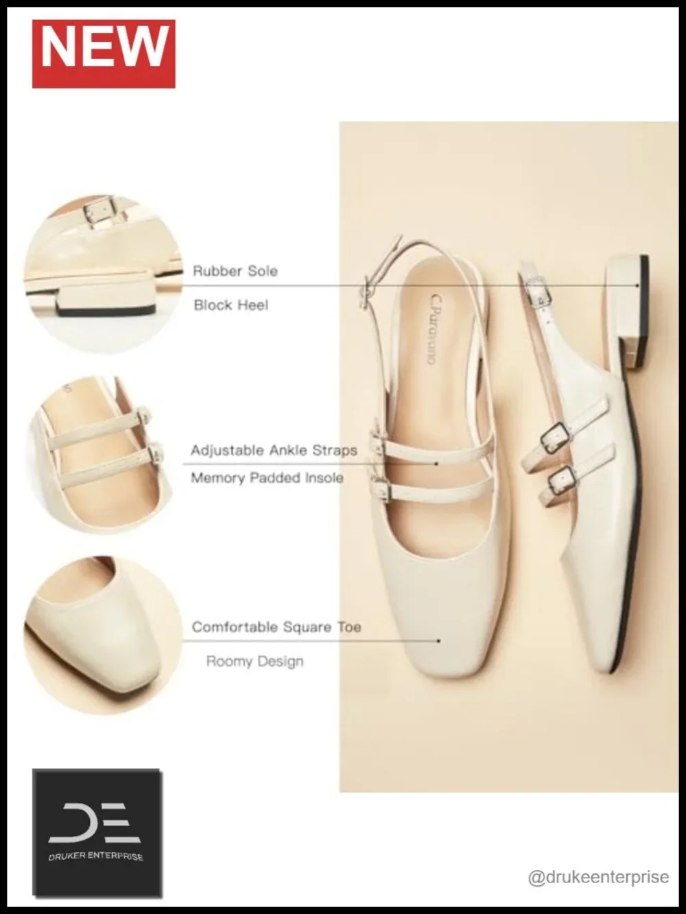 Women's Slingback Flats | Mary Jane Flats | Lambskin Leather Lining | Memory